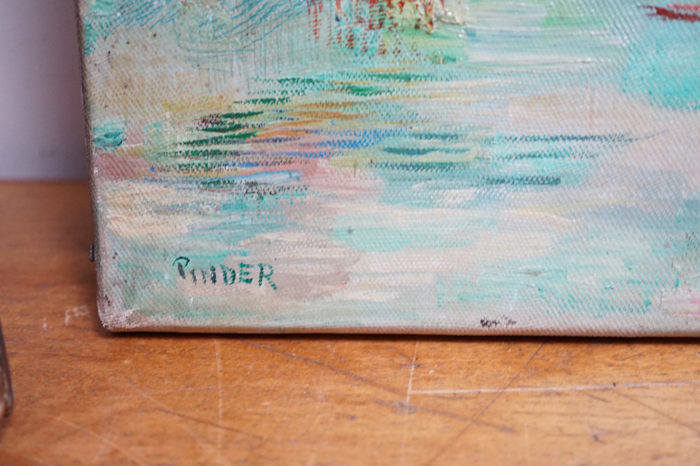 Pinder, three oils, 'Nudes bathing', 'Park scene' and 'Fireworks at night', signed, largest 60 x 91cm (a.f.)